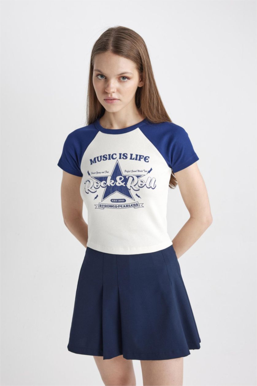 حريمي أزرق فاقع تي شيرت نص كم مطبوع سليم فيت