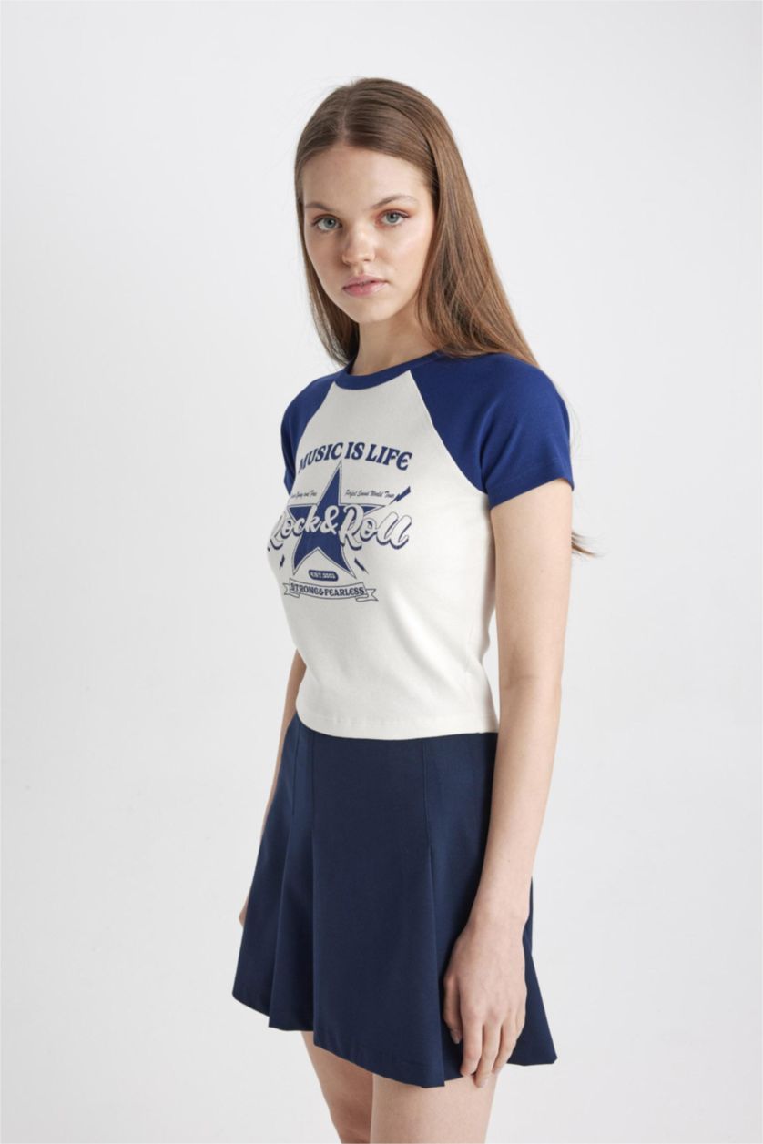 حريمي أزرق فاقع تي شيرت نص كم مطبوع سليم فيت