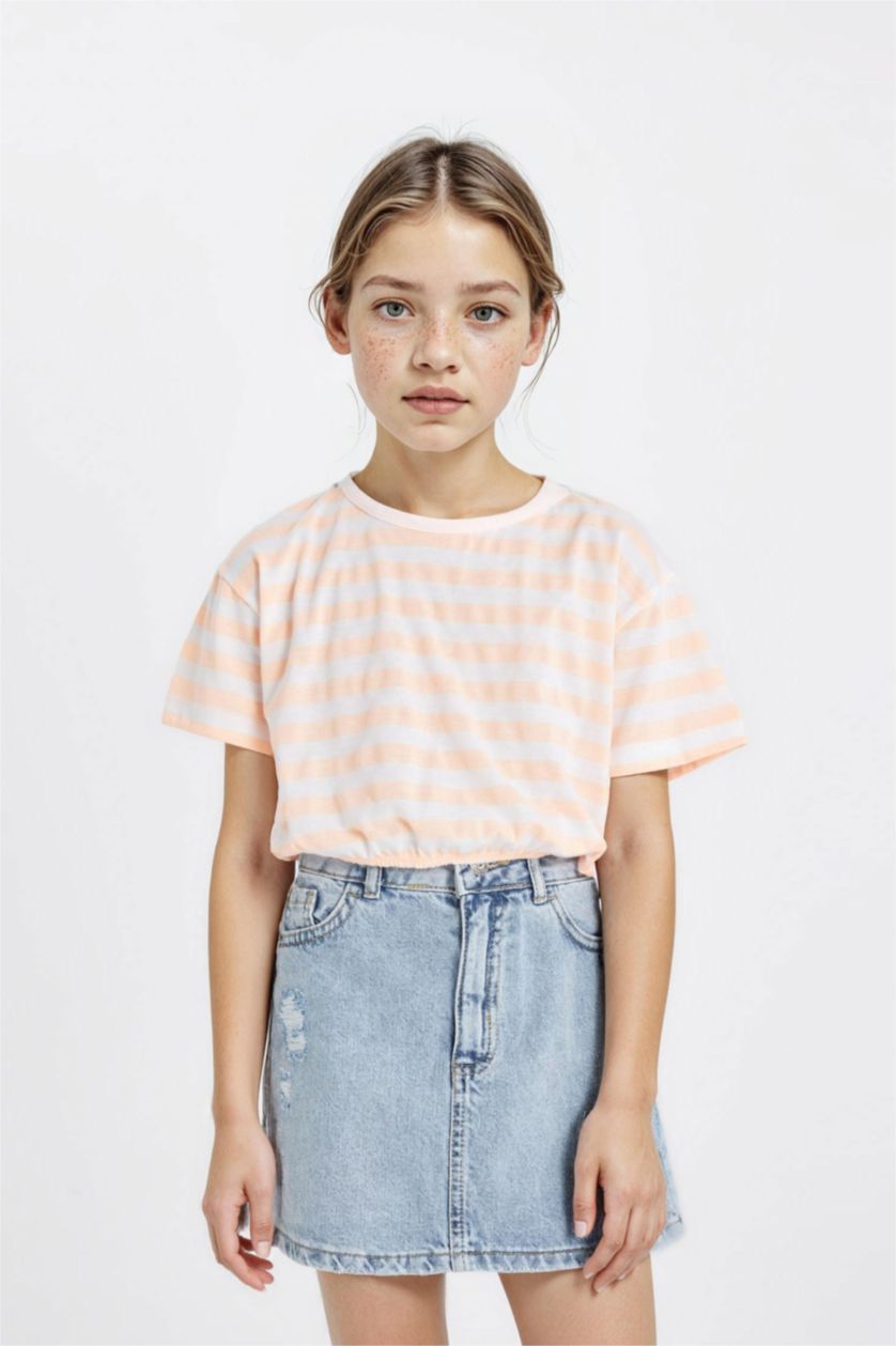 Kız Çocuk - Genç Kız Neon Somon Bisiklet Yaka Çizgili Kısa Kollu Tişört Kız Çocuk