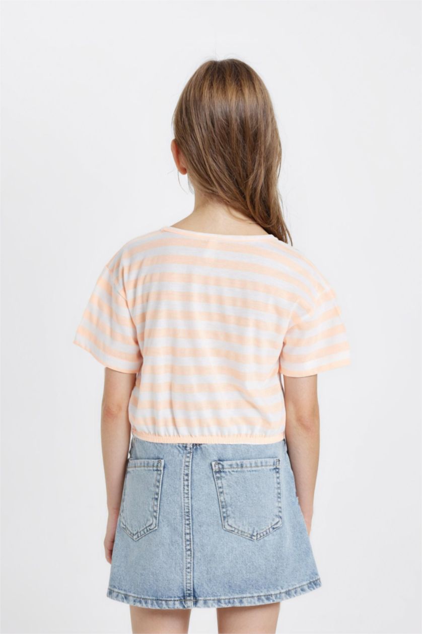 Kız Çocuk - Genç Kız Neon Somon Bisiklet Yaka Çizgili Kısa Kollu Tişört Kız Çocuk