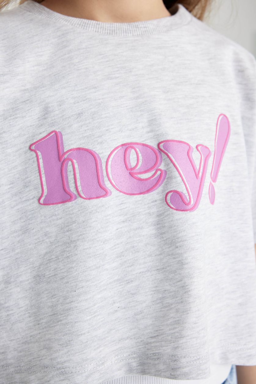 Kız Çocuk - Genç Kız Açık Gri Melange Bisiklet Yaka Baskılı Crop Kısa Kollu Tişört Kız Çocuk