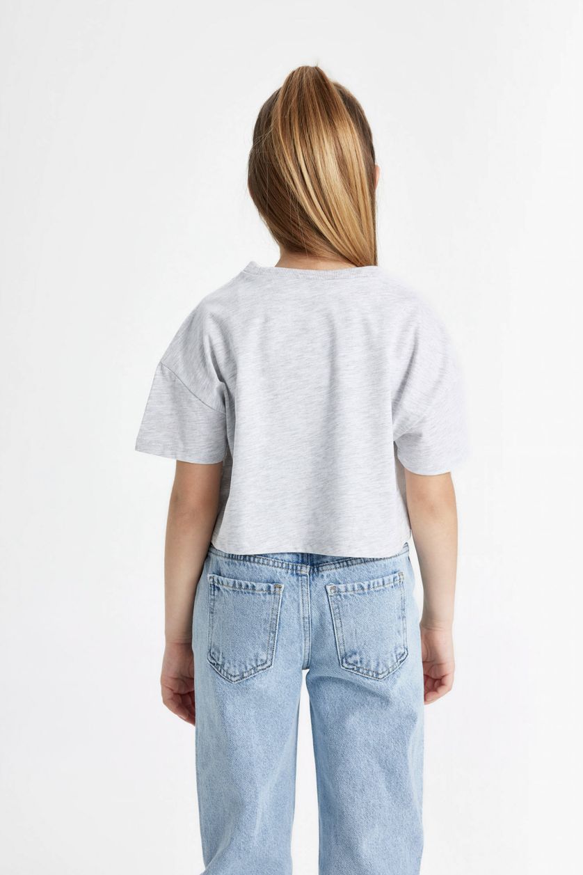 Kız Çocuk - Genç Kız Açık Gri Melange Bisiklet Yaka Baskılı Crop Kısa Kollu Tişört Kız Çocuk