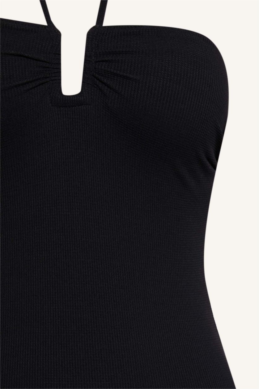 Әйелдерге қара Regular Fit пике суға шомылу киімі