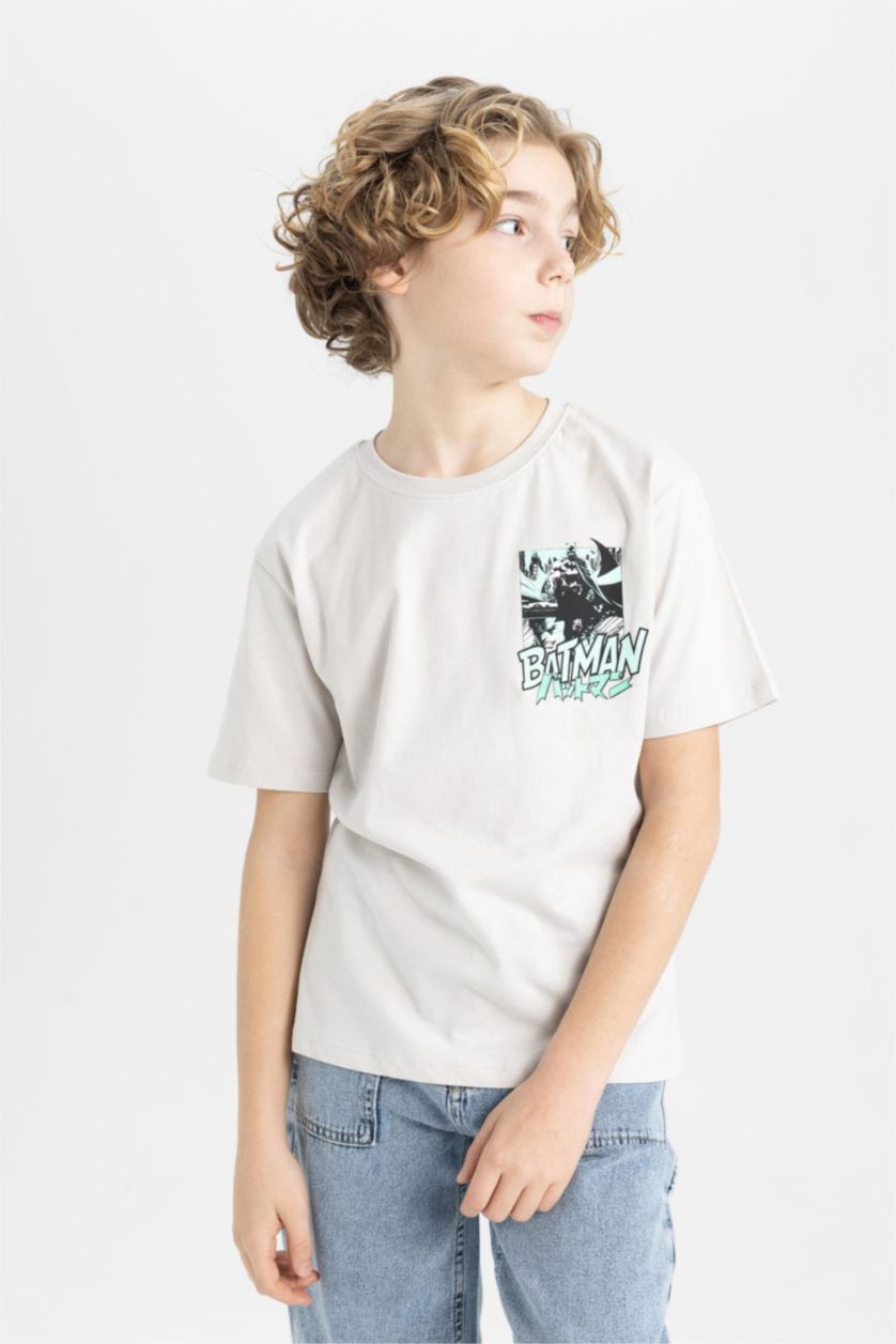 Erkek Çocuk - Genç Erkek Açık Gri Erkek Çocuk Batman Bisiklet Yaka Kısa Kollu Tişört