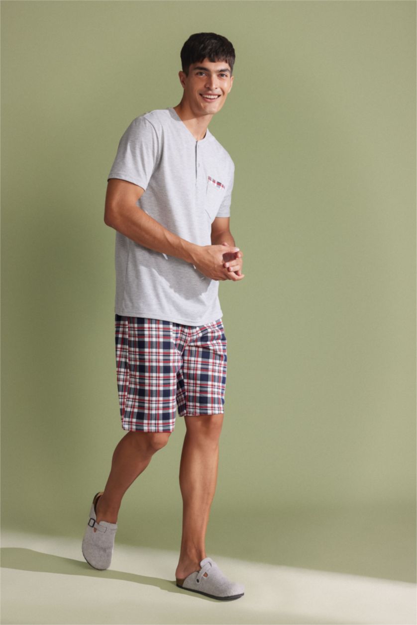 Erkek Gri Melanj Regular Fit Pijama Takım Kısa Kollu Üst Şort Beli Lastikli  Alt