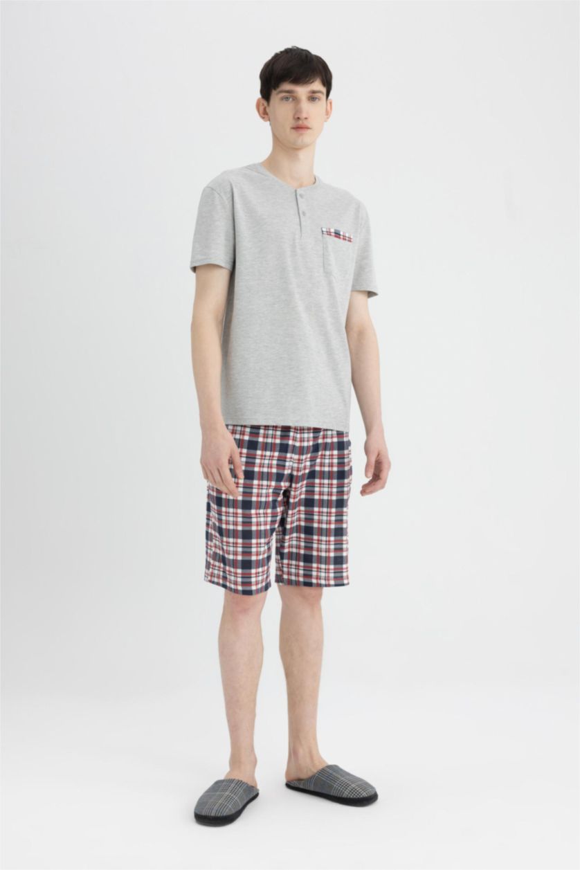 Erkek Gri Melanj Regular Fit Pijama Takım Kısa Kollu Üst Şort Beli Lastikli  Alt