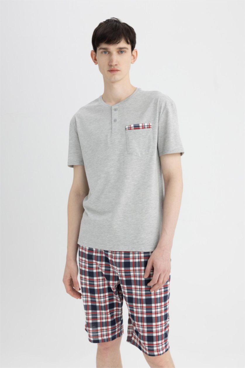 Erkek Gri Melanj Regular Fit Pijama Takım Kısa Kollu Üst Şort Beli Lastikli  Alt