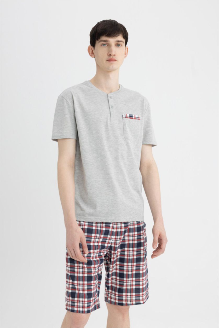 Erkek Gri Melanj Regular Fit Pijama Takım Kısa Kollu Üst Şort Beli Lastikli  Alt