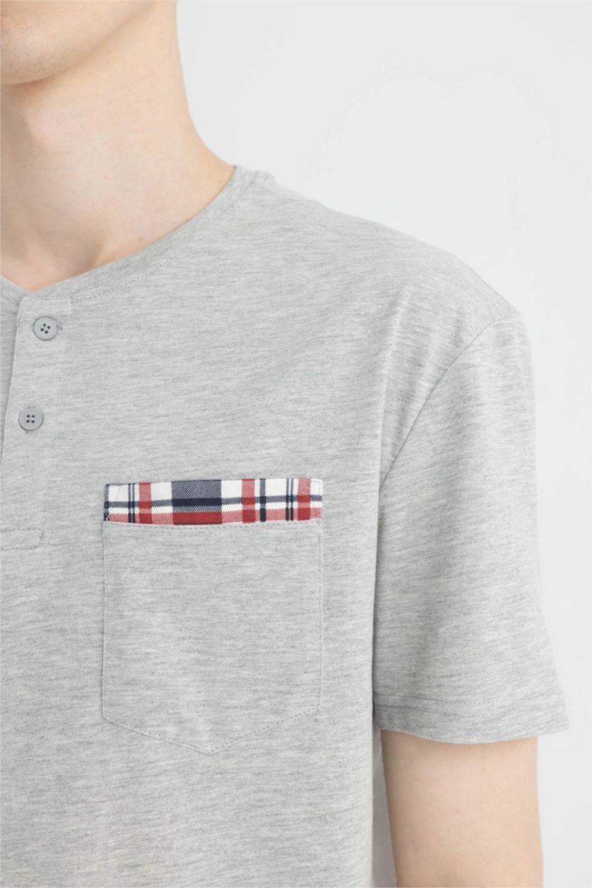 Erkek Gri Melanj Regular Fit Pijama Takım Kısa Kollu Üst Şort Beli Lastikli  Alt