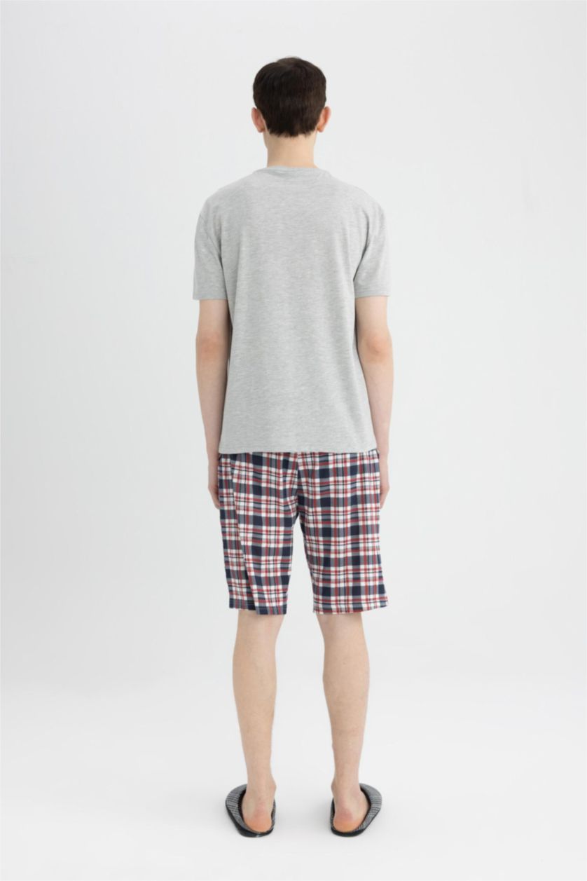 Erkek Gri Melanj Regular Fit Pijama Takım Kısa Kollu Üst Şort Beli Lastikli  Alt