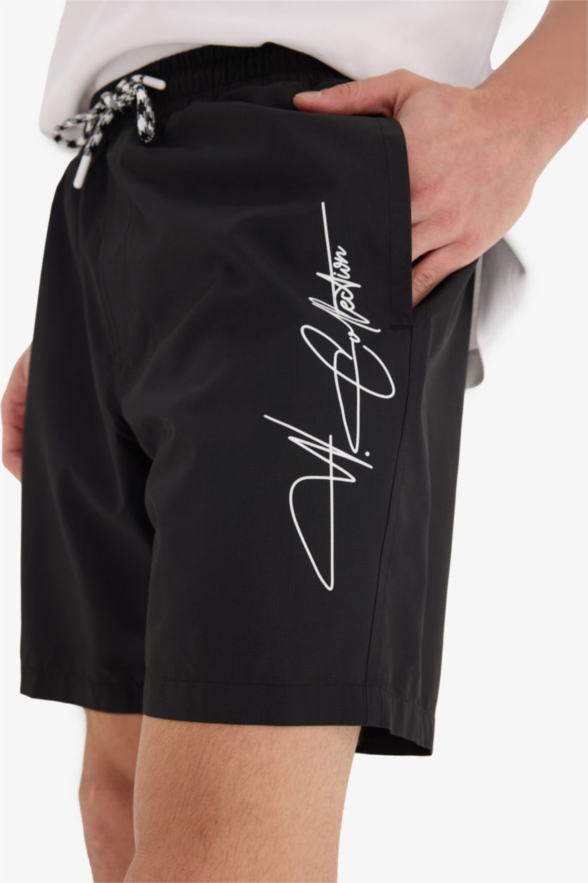 Erkek Siyah Regular Fit File Astarlı Kısa Boy Deniz Şortu