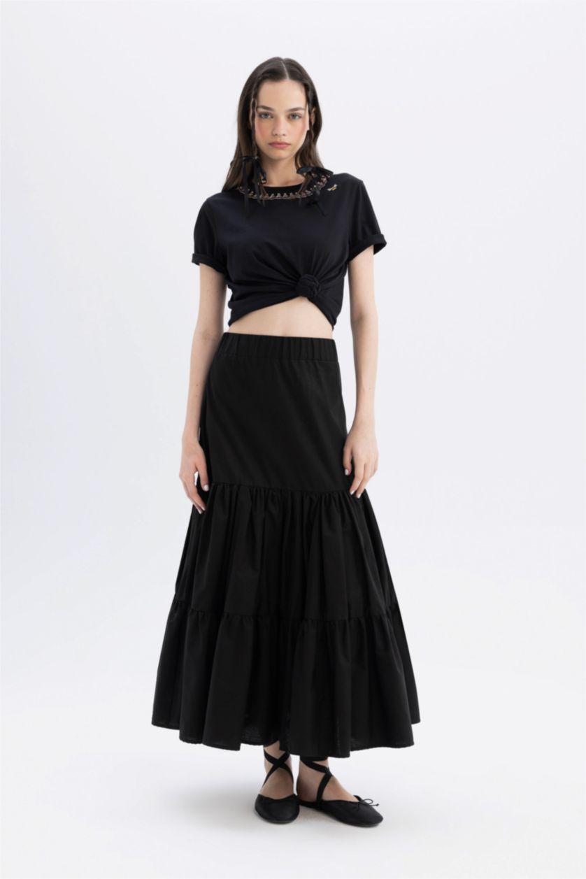 Kadın Siyah Regular Fıt Penye Kısa Kollu Tişört