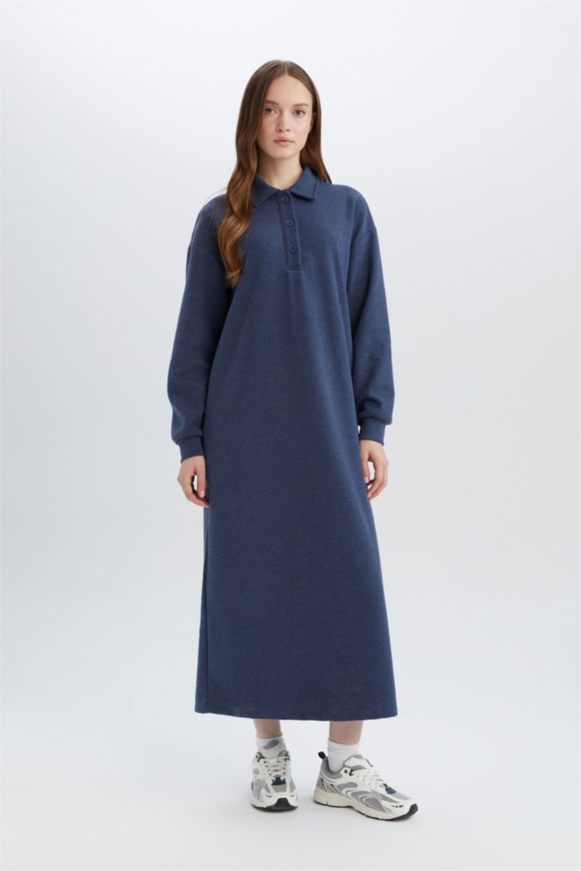 Kadın Mavi Düğmeli Gömlek Yaka Basıc Selanik Kumaş  Triko Elbise