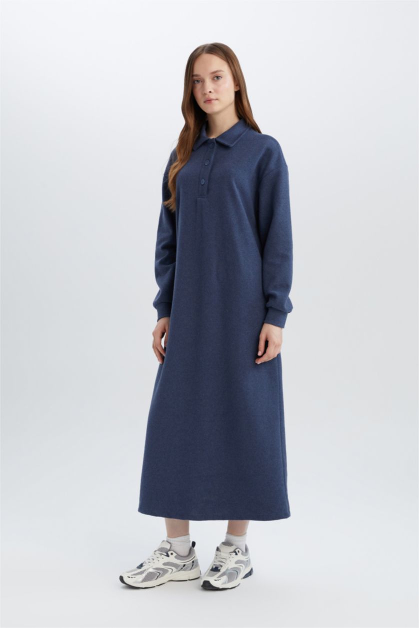 Kadın Mavi Düğmeli Gömlek Yaka Basıc Selanik Kumaş  Triko Elbise