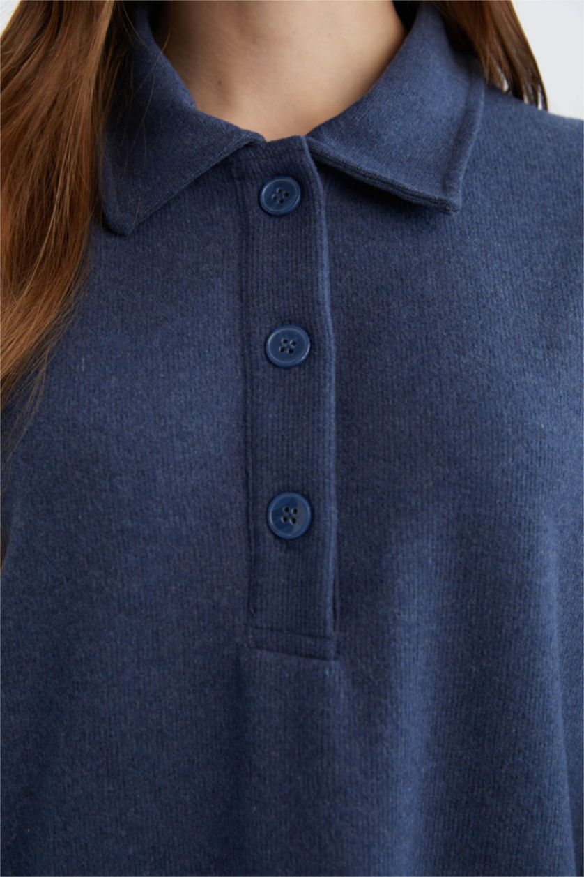 Kadın Mavi Düğmeli Gömlek Yaka Basıc Selanik Kumaş  Triko Elbise