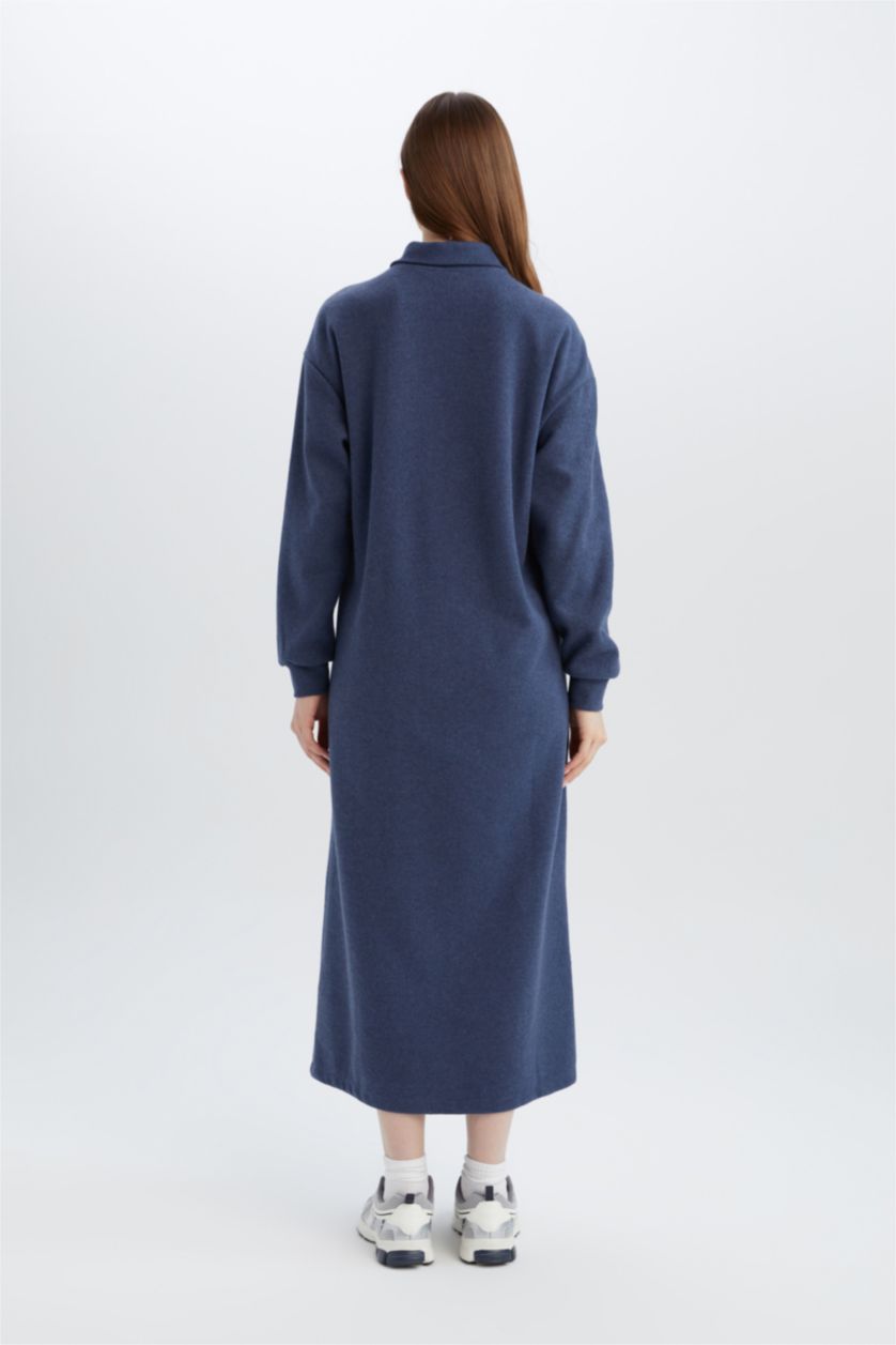 Kadın Mavi Düğmeli Gömlek Yaka Basıc Selanik Kumaş  Triko Elbise