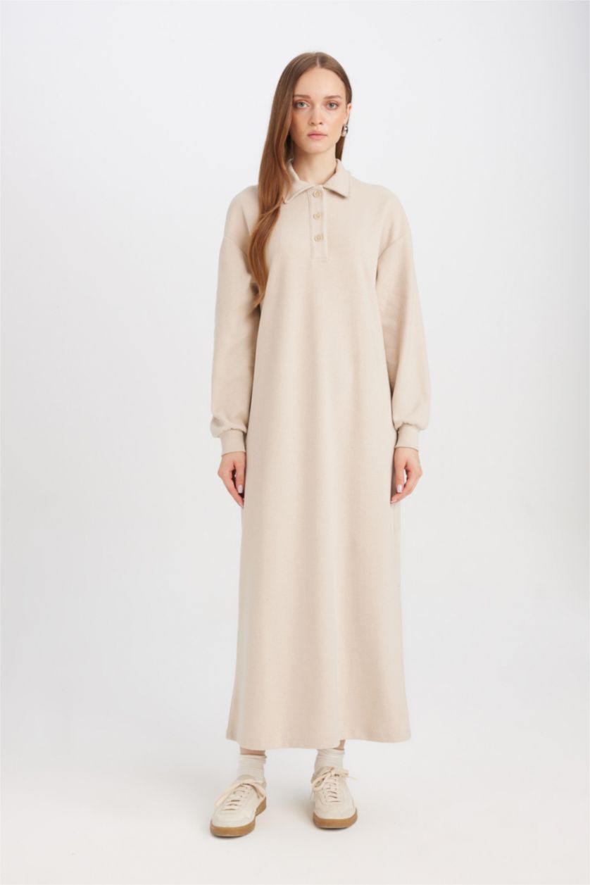 Woman Beige Regular Fit Basic Long Sleeve Selanik Fabric Knitwear Dress