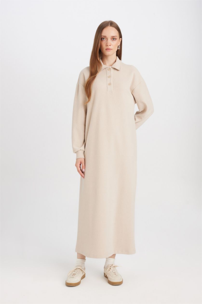 Woman Beige Regular Fit Basic Long Sleeve Selanik Fabric Knitwear Dress