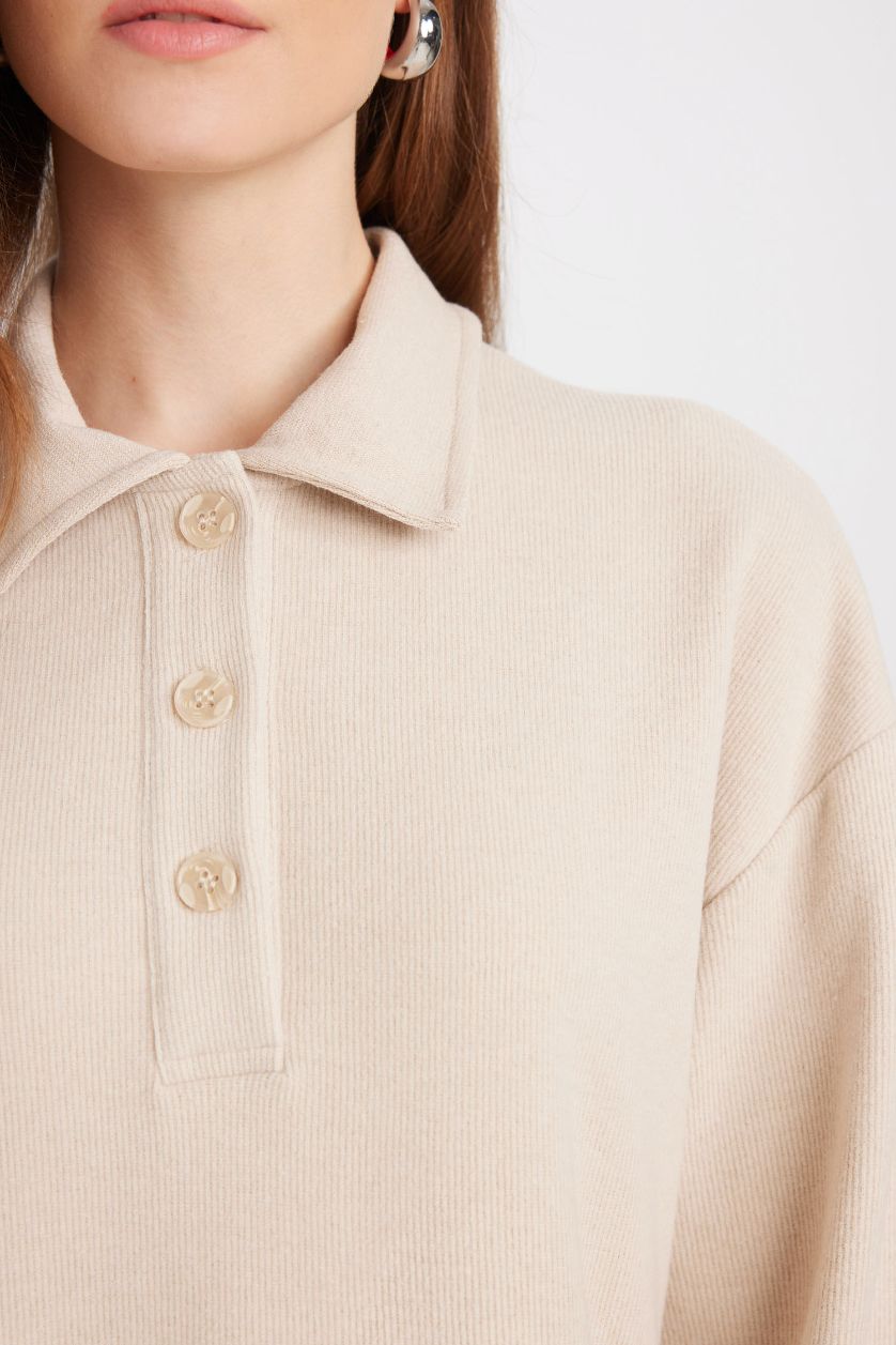 Woman Beige Regular Fit Basic Long Sleeve Selanik Fabric Knitwear Dress