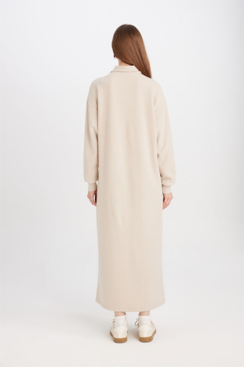 Woman Beige Regular Fit Basic Long Sleeve Selanik Fabric Knitwear Dress