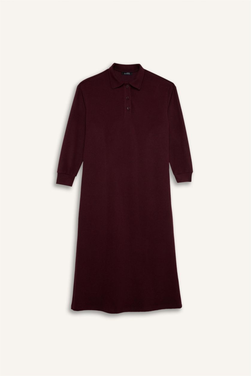 FEMME Bordeaux Robe longue en tricot à col chemise et coupe régulière en tissu selanik