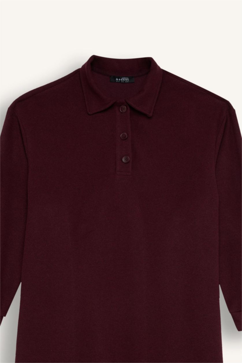 FEMME Bordeaux Robe longue en tricot à col chemise et coupe régulière en tissu selanik