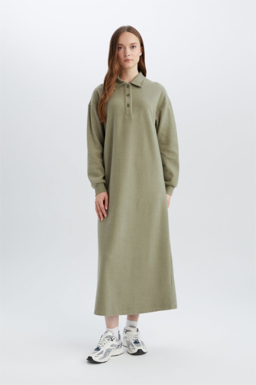 Woman Mint Regular Fit Shirt Collar Long Sleeve Maxi Dress