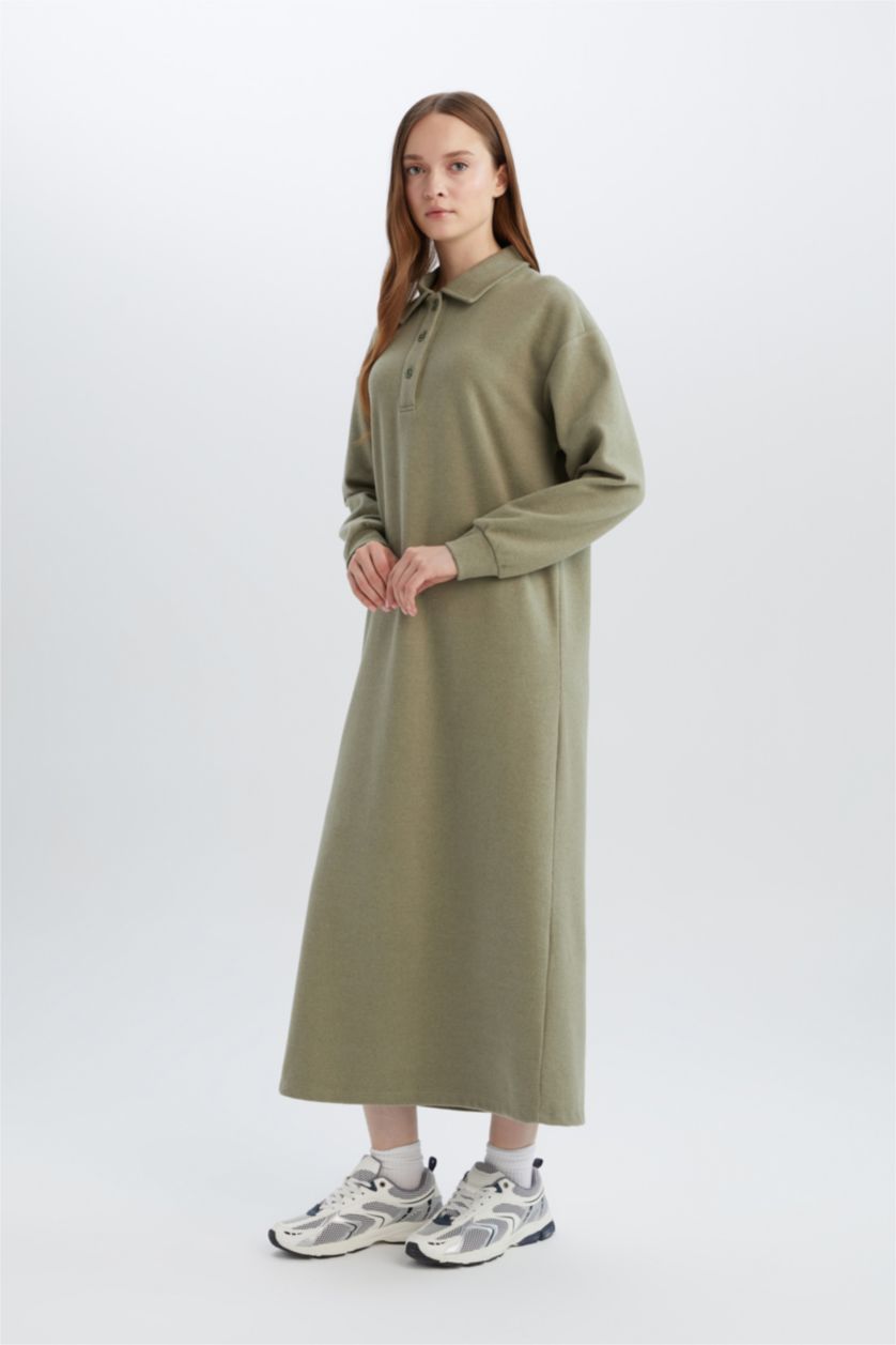 Woman Mint Regular Fit Shirt Collar Long Sleeve Maxi Dress