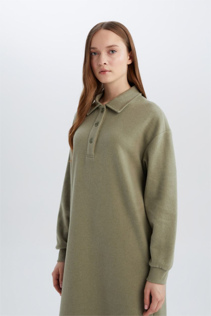 Woman Mint Regular Fit Shirt Collar Long Sleeve Maxi Dress