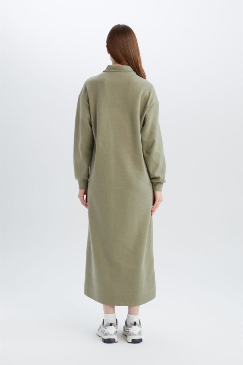 Woman Mint Regular Fit Shirt Collar Long Sleeve Maxi Dress