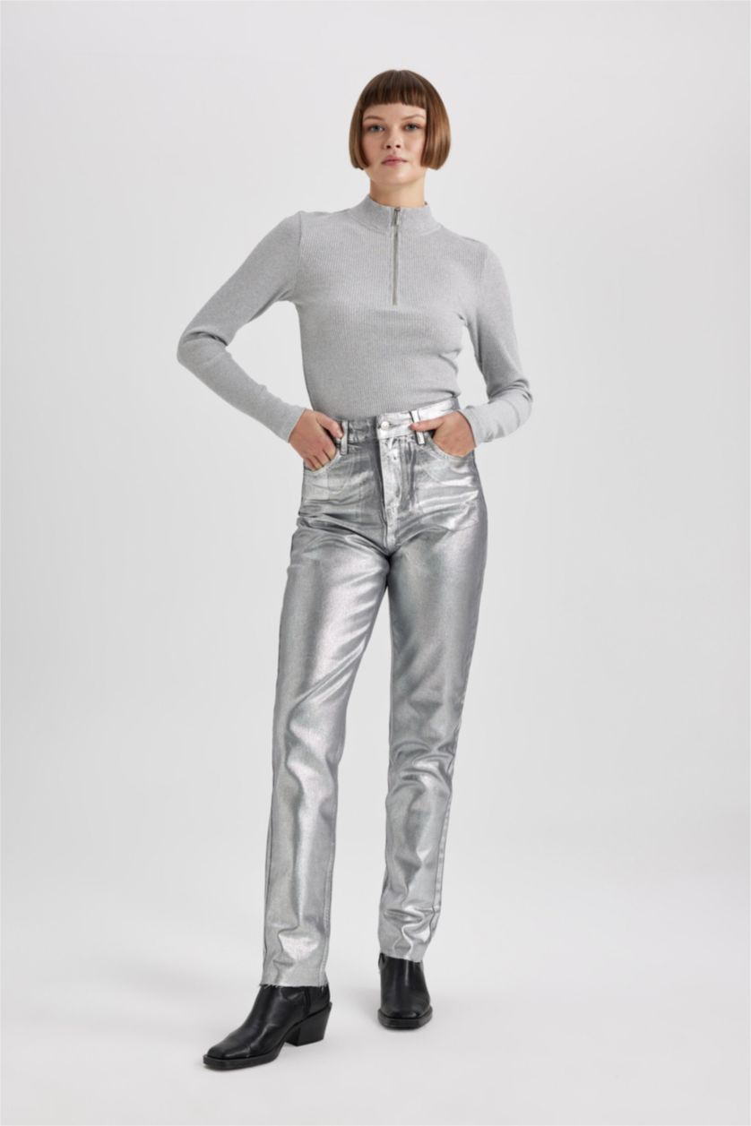 نساء رمادي تي شيرت ردن طويلة سليم فيت بياقة عالية