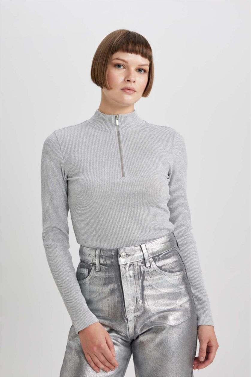 نساء رمادي تي شيرت ردن طويلة سليم فيت بياقة عالية