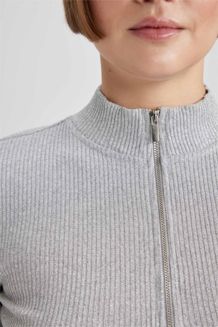 نساء رمادي تي شيرت ردن طويلة سليم فيت بياقة عالية