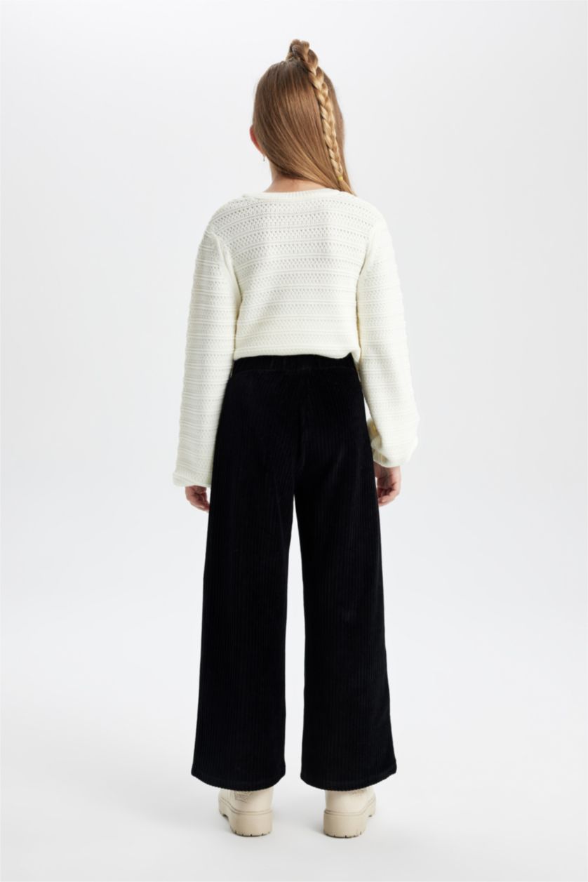Kız Çocuk - Genç Kız Siyah Kız Çocuk Wide Leg Fitilli Kadife Pantolon
