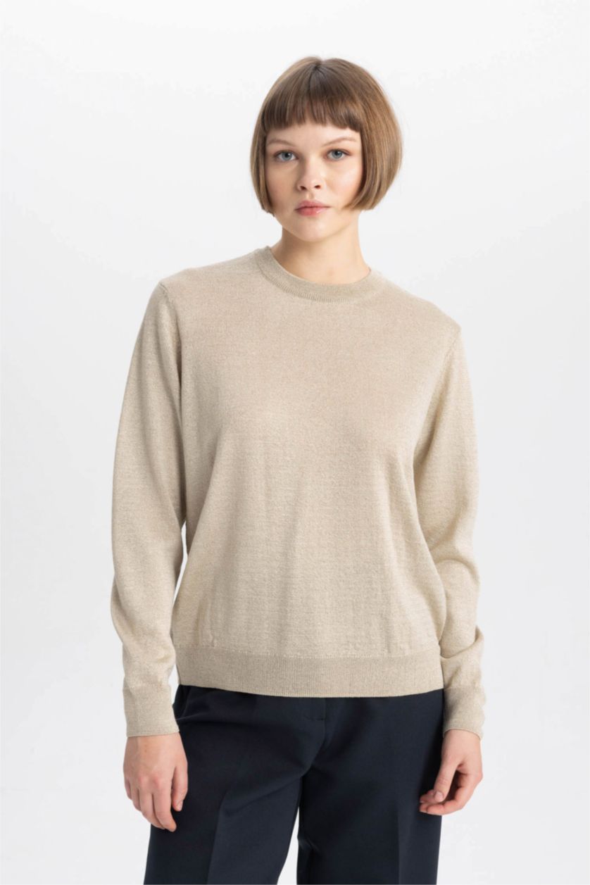 حريمي بيج بلوفر تريكو قصة عادية قماش لامع