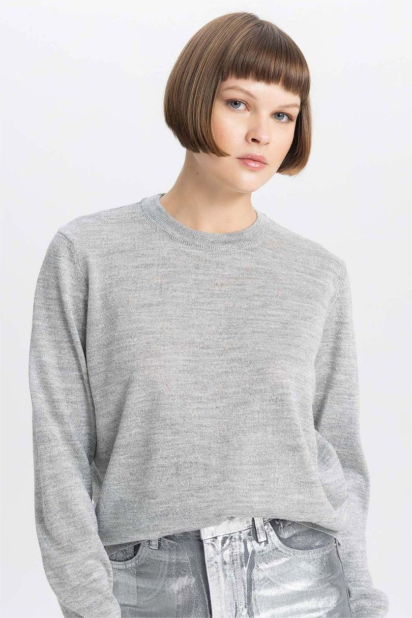 WOMAN Grey Crew Neck Shiny Fabric Basic Knitted Pullover