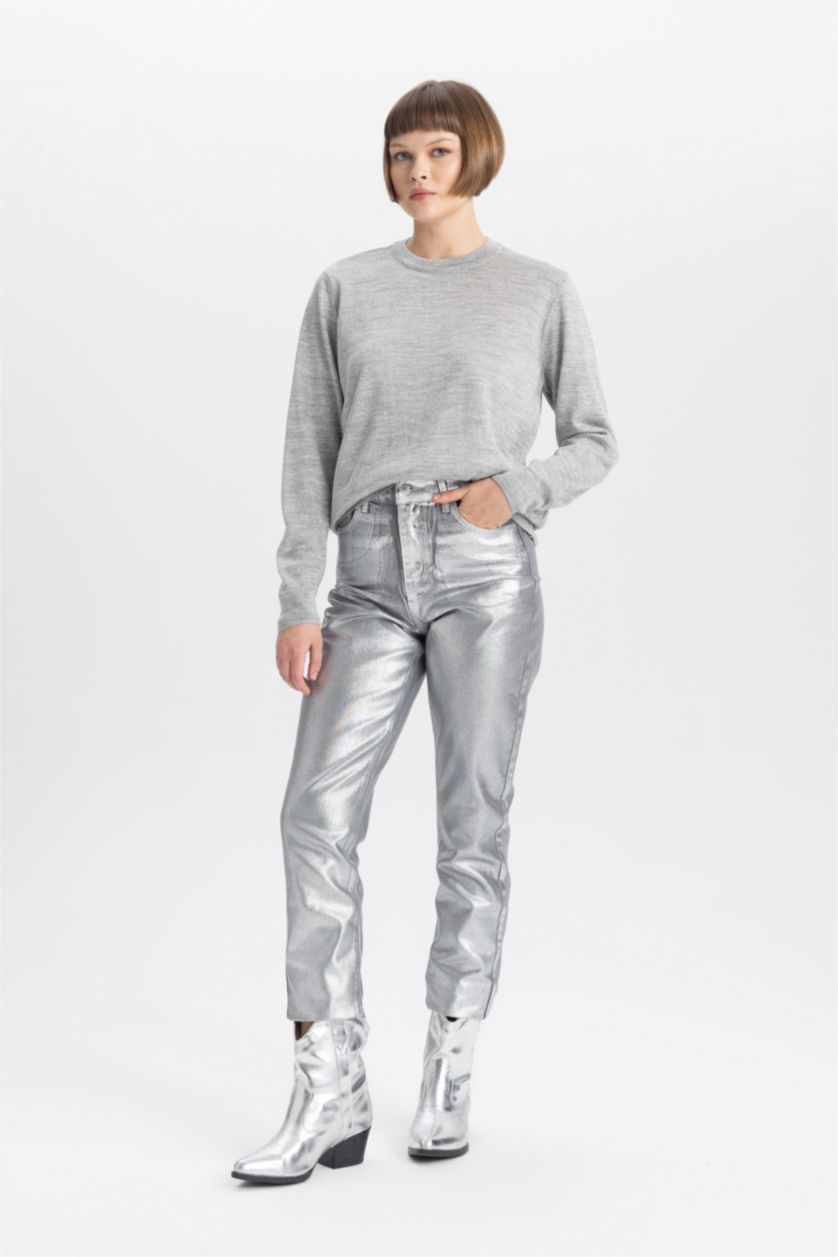 WOMAN Grey Crew Neck Shiny Fabric Basic Knitted Pullover