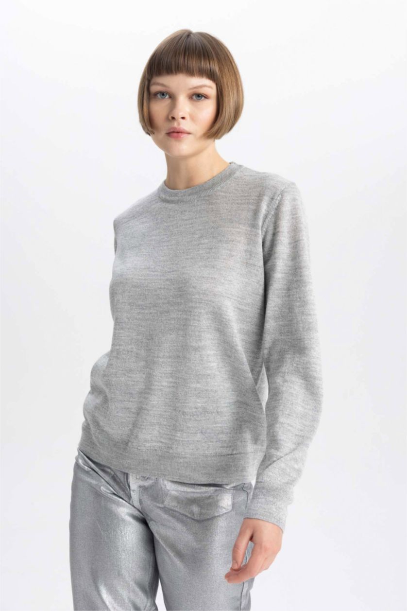 WOMAN Grey Crew Neck Shiny Fabric Basic Knitted Pullover