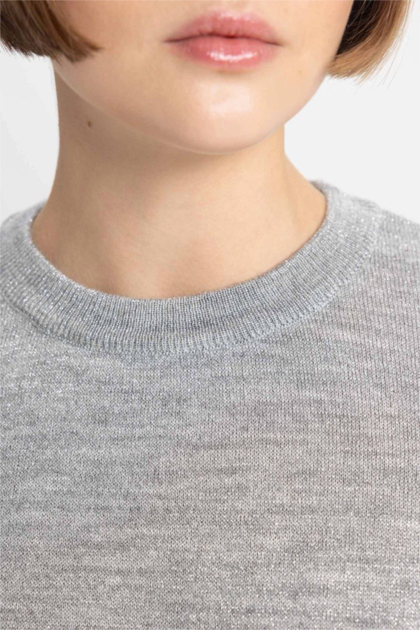 WOMAN Grey Crew Neck Shiny Fabric Basic Knitted Pullover