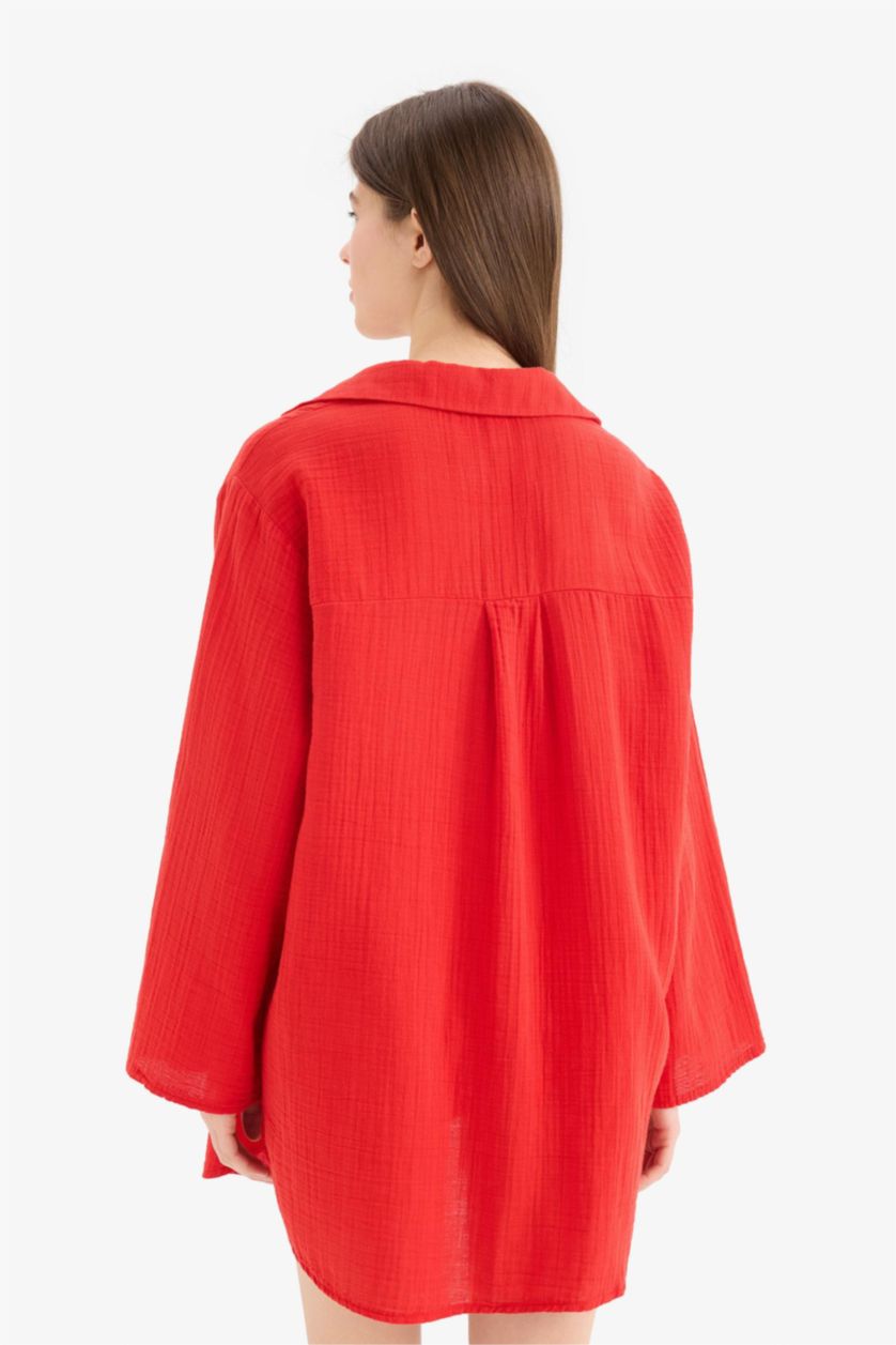 نساء أحمر قميص بحر موسلين قصة عادية