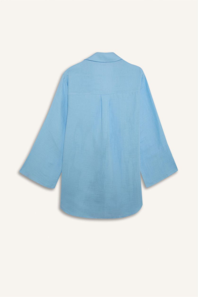 Kadın Mavi Müslin Önden Bağlamalı Plaj Gömleği