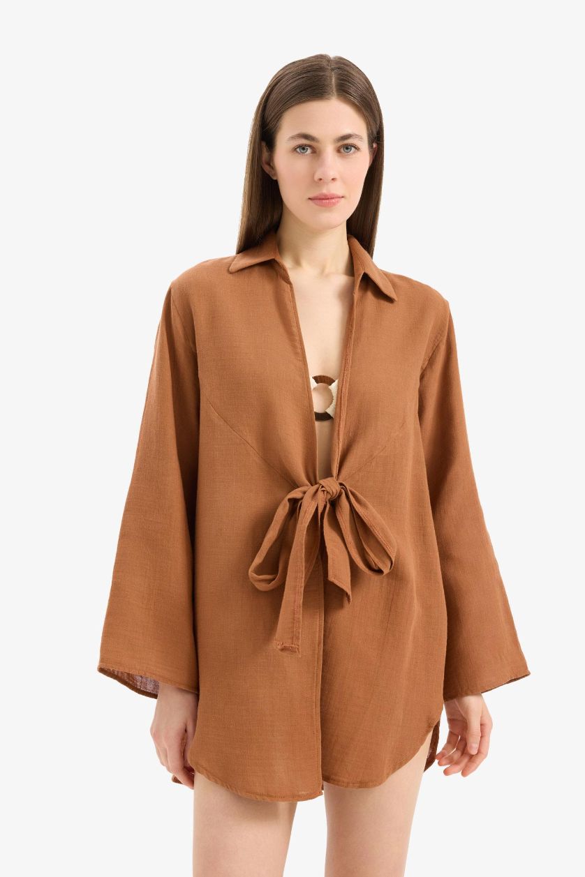Kadın Koyu Camel Müslin Önden Bağlamalı Plaj Gömleği