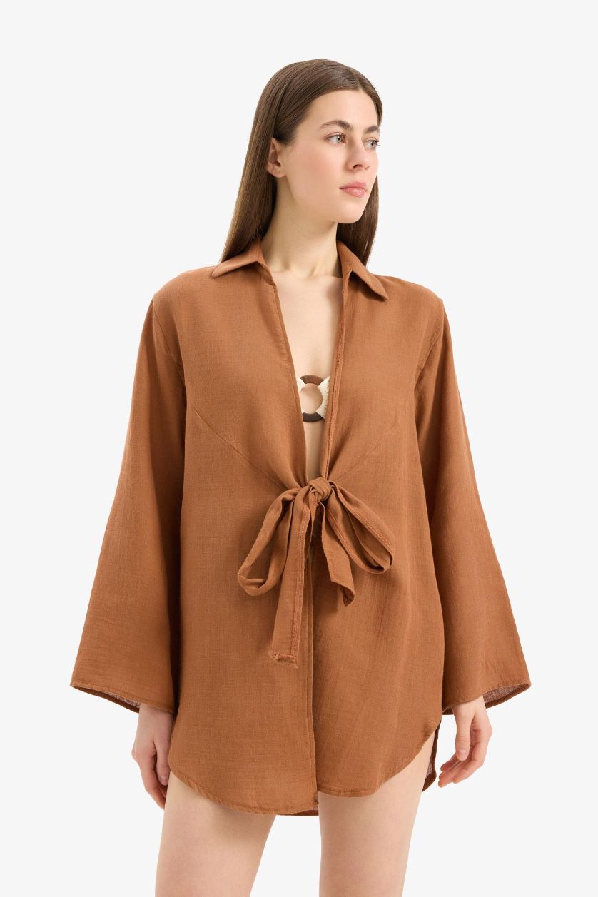 Kadın Koyu Camel Müslin Önden Bağlamalı Plaj Gömleği