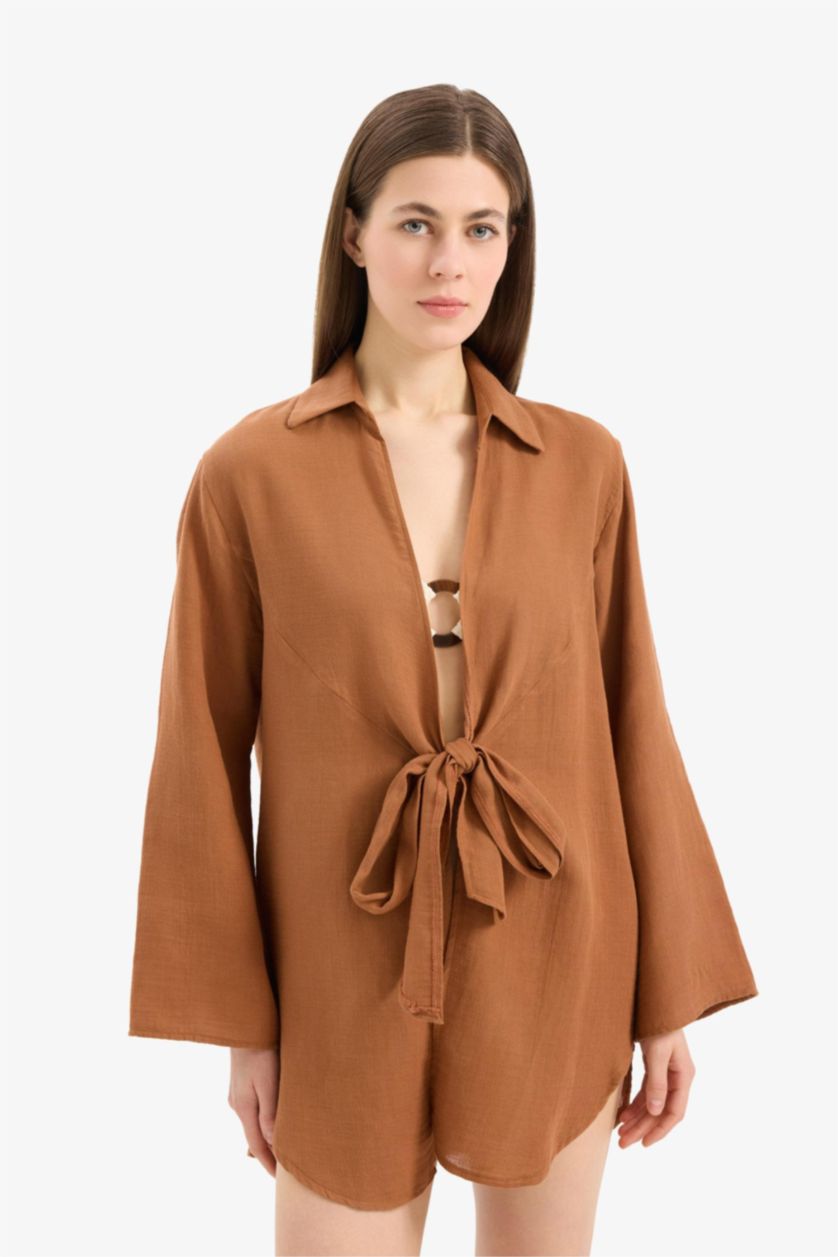 Kadın Koyu Camel Müslin Önden Bağlamalı Plaj Gömleği
