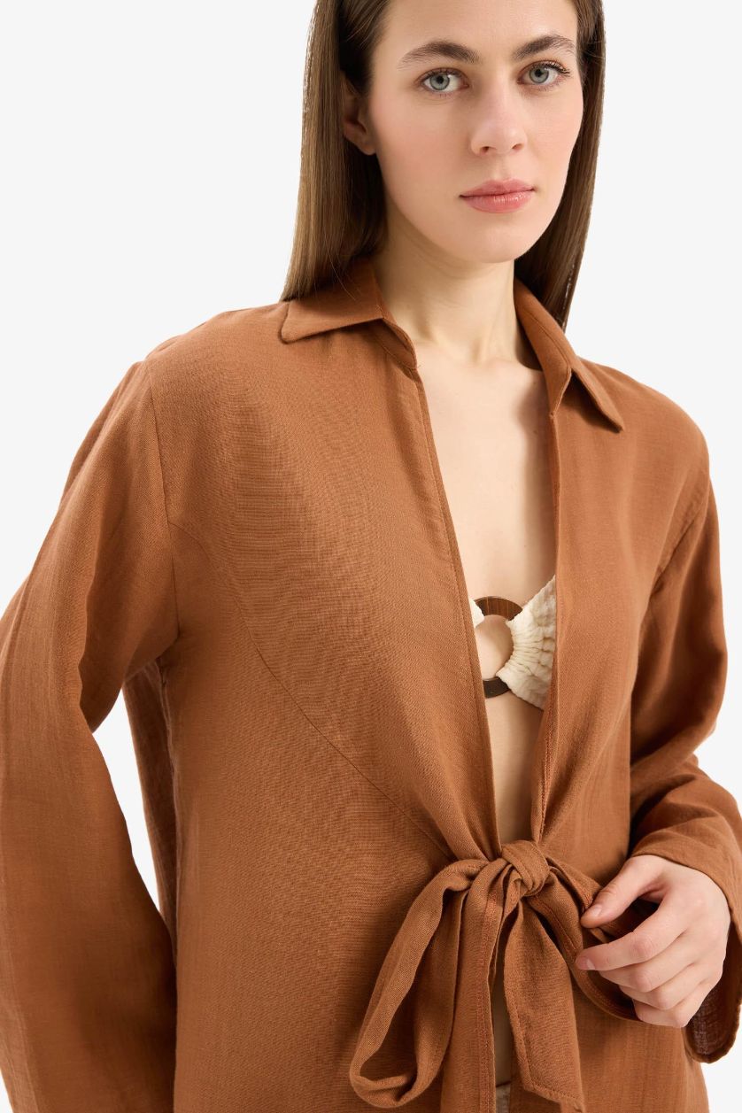 Kadın Koyu Camel Müslin Önden Bağlamalı Plaj Gömleği