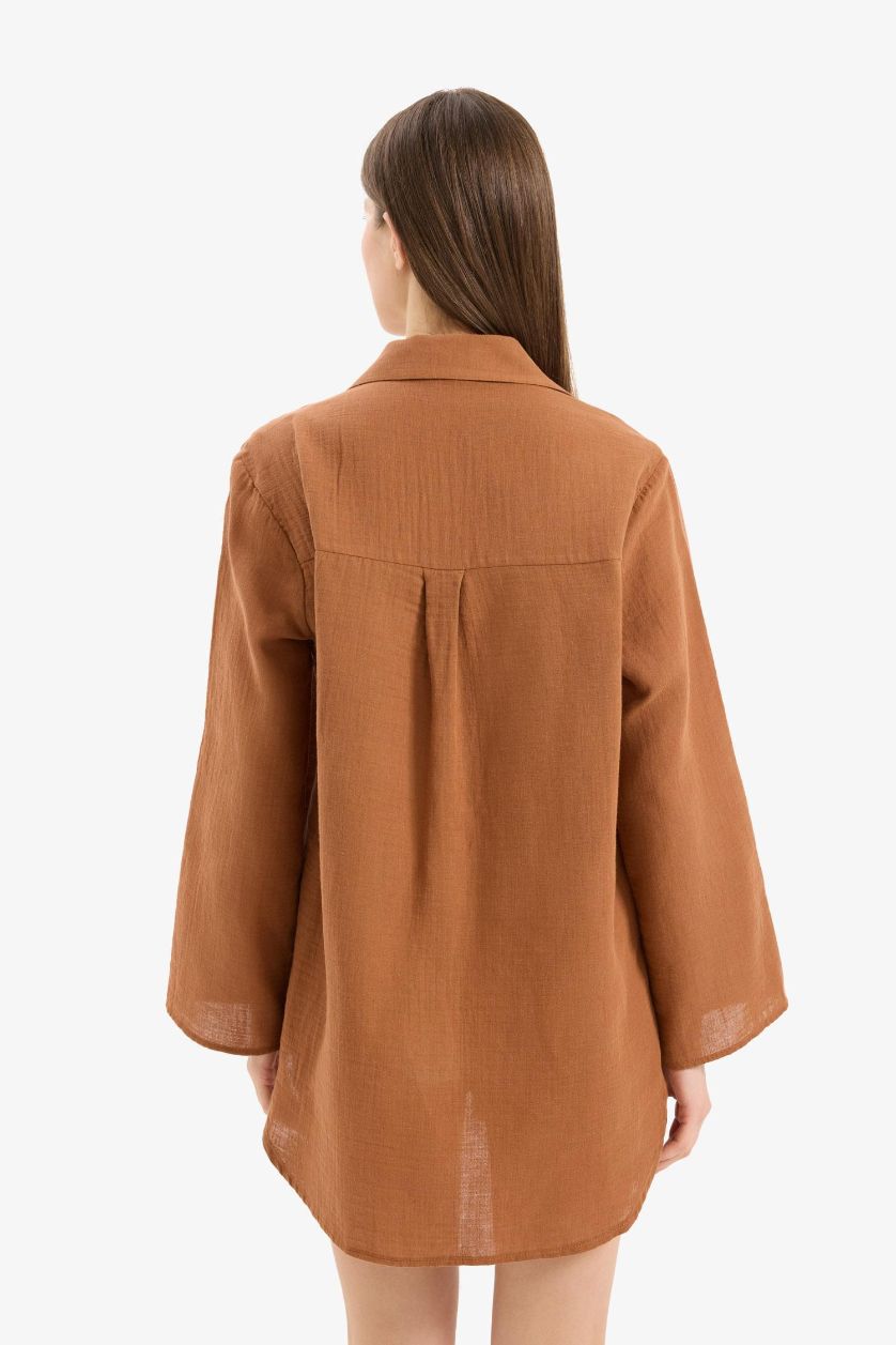 Kadın Koyu Camel Müslin Önden Bağlamalı Plaj Gömleği