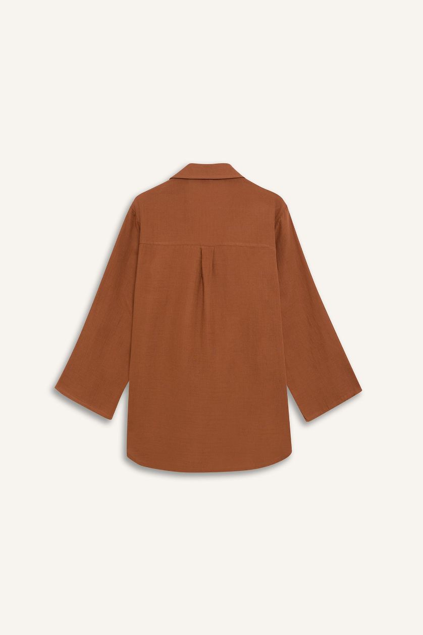 Kadın Koyu Camel Müslin Önden Bağlamalı Plaj Gömleği