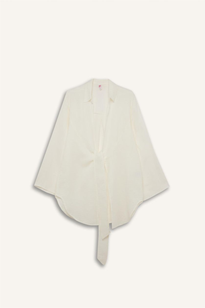 Kadın Kırık Beyaz Müslin Önden Bağlamalı Plaj Gömleği