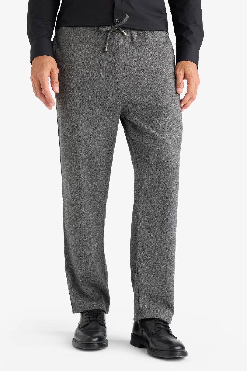 Erkek Antrasit Melanj Pantolon Relax Fit Beli Bağcıklı Cepli Basic Düz Düz Paça