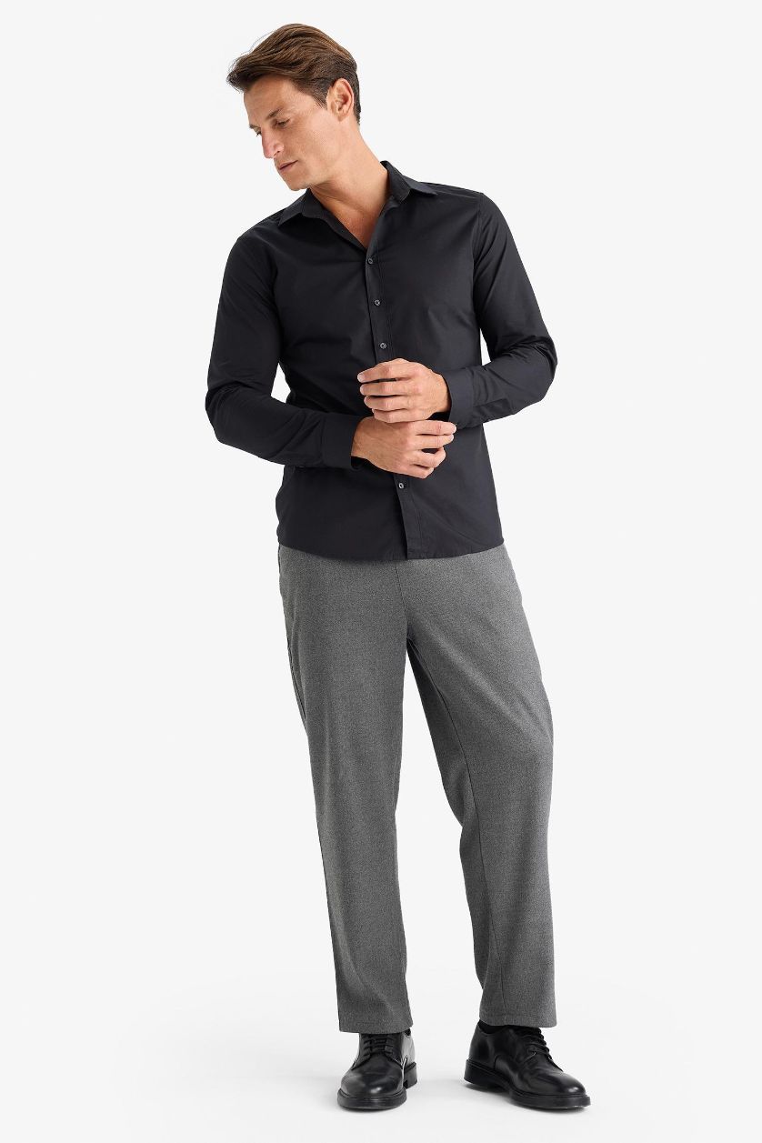 Erkek Antrasit Melanj Pantolon Relax Fit Beli Bağcıklı Cepli Basic Düz Düz Paça